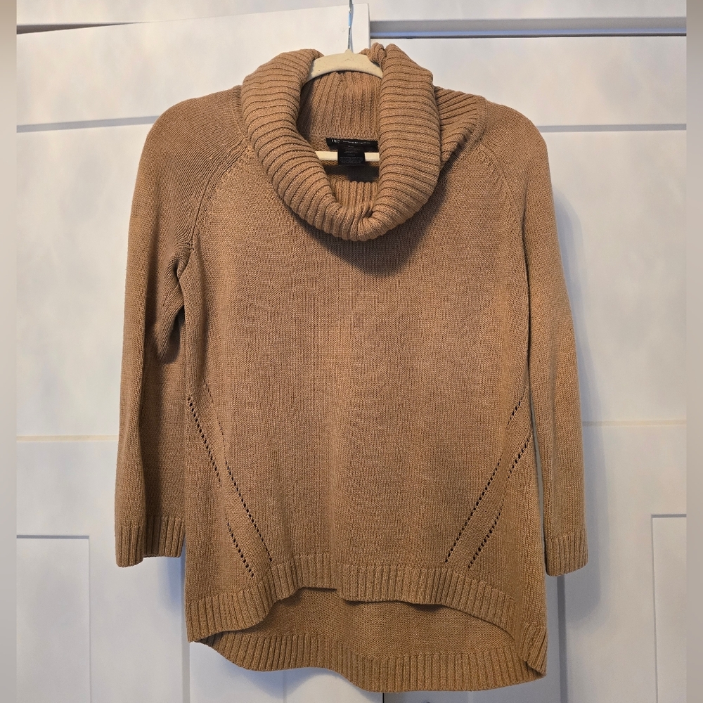 INC International Concepts Cowl Neck Wool Sweater Tan Camel Turtle M Top Shirt